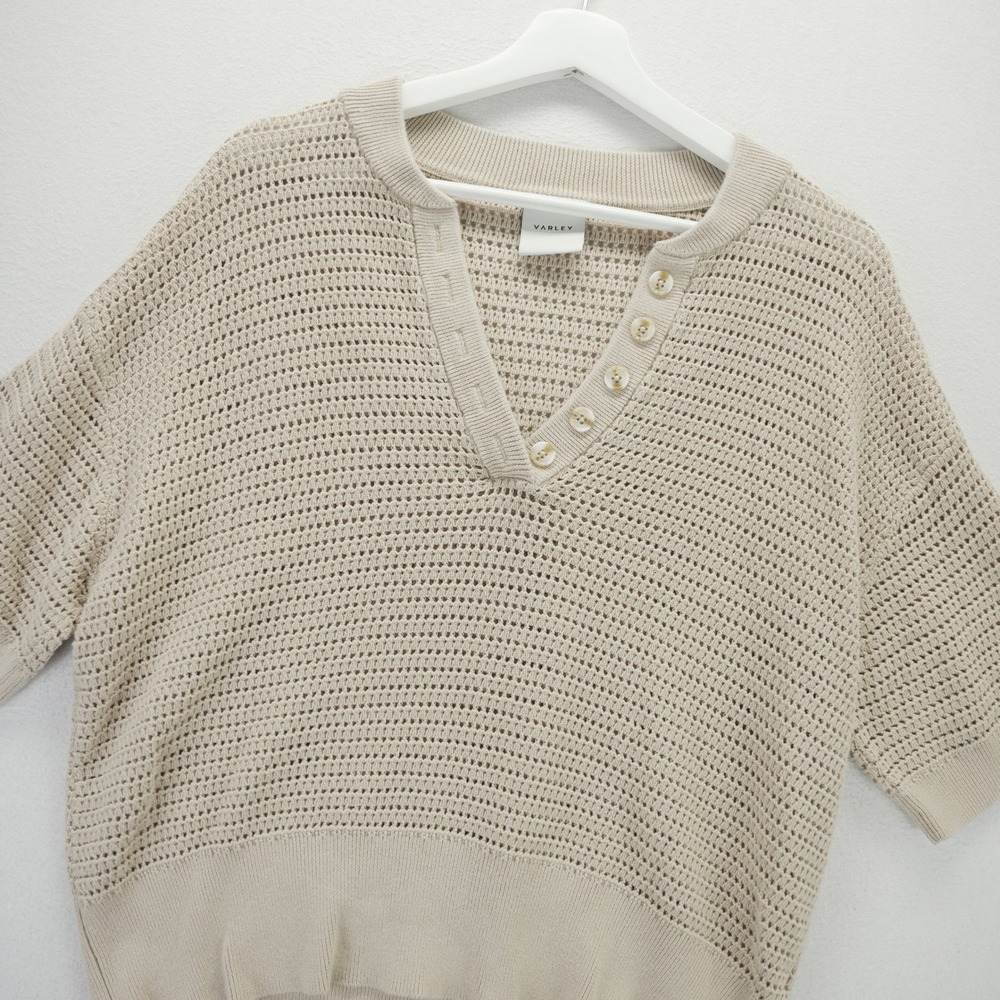 Varley Callie Sheer Knit L Beige Cotton Open Knit Short Sleeve Henley Sweater